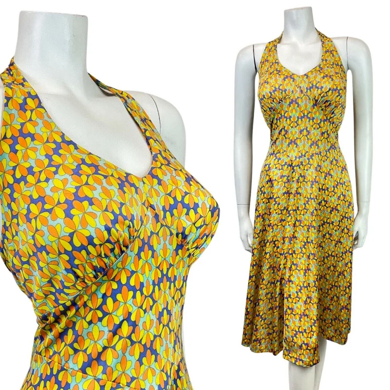 Markdowns VINTAGE 60s YELLOW BLUE FLORAL DOTTY PSYCHEDELIC MOD HALTER SWING DRESS 10