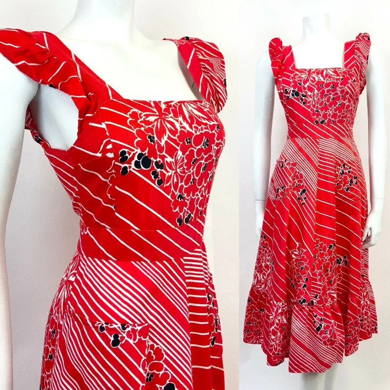 Stock Clearance VINTAGE 60s 70s RED WHITE BLACK STRIPED FLORAL RUFFLED APRON SUMMER DRESS 4