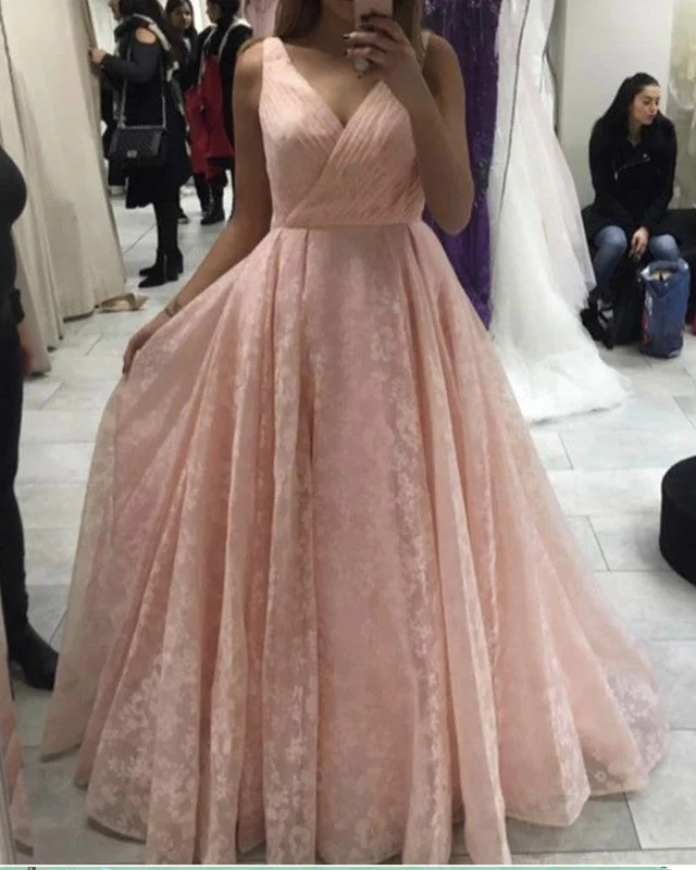 Huge Discounts Pleated V Neck Ball Gown Princess Prom Dresses