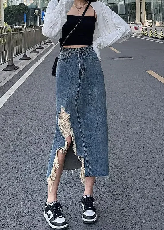 Warehouse Sale Chic Denim Blue Asymmetrical Patchwork Pockets A Line Skirt TY1023