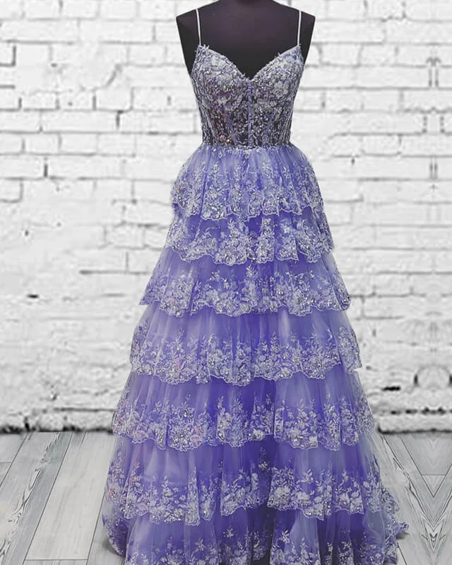 Deal of the Week Light Purple V Neck Layered Lace Prom Dress