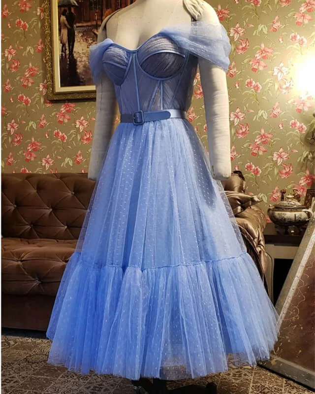 Super Sale Blue Dot Tulle Off-the-shoulder Corset Dress