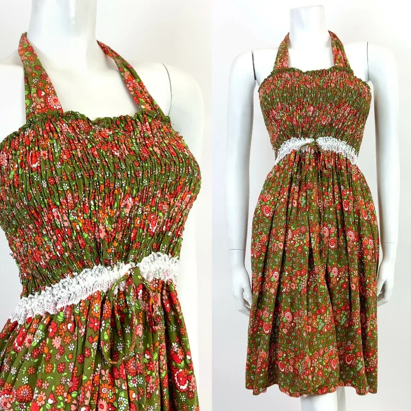 Price Blitz VINTAGE 60s 70s GREEN RED PINK WHITE FLORAL DISTY LACE MOD MINI HALTER DRESS 10