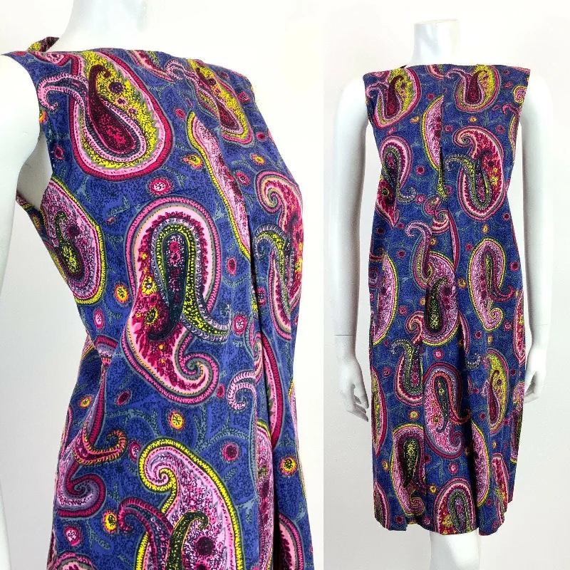 Shop and Save VTG 60s 70s BLUE PINK YELLOW PSYCHEDELIC PAISLEY MOD SHIFT  A-LINE DRESS 10 12