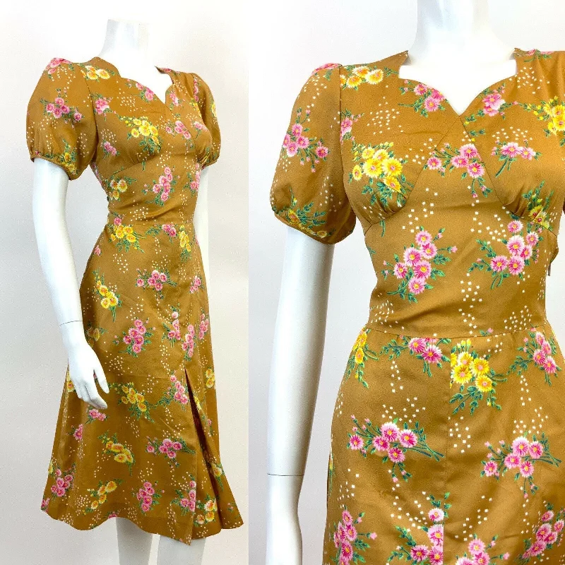 Daily Specials VTG 60s 70s GOLDEN BROWN  TAN GREEN PINK FLORAL DOTTY PUFF SLEEVE TEA DRESS 10