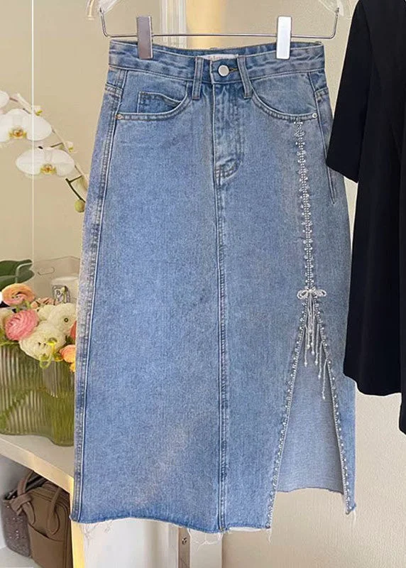 Crazy Savings French Blue Patchwork Nail Bead Tassel Denim Maxi Skirts TY1080