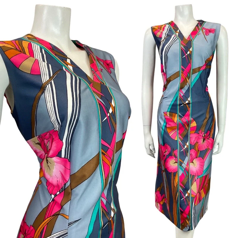 Final Markdown VINTAGE 60s 70s BLUE PINK BROWN FLORAL LEAFY SLEEVELESS MIDI DRESS 16 Final Markdown VINTAGE 60s 70s BLUE PINK BROWN FLORAL LEAFY SLEEVELESS MIDI DRESS 16