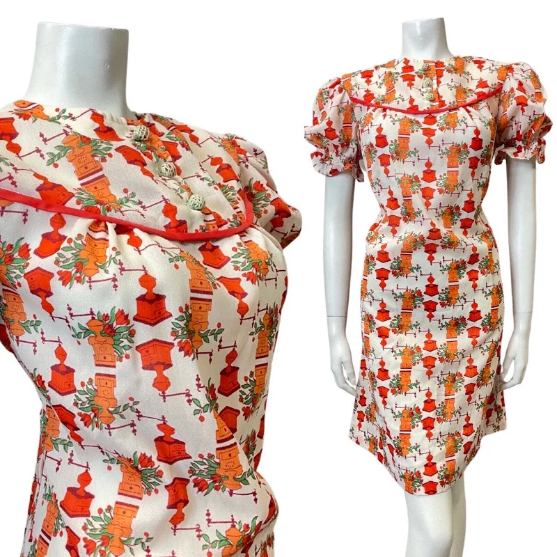 Price Reduction VTG 60s 70s WHITE RED ORANGE FLORAL COFFEE GRINDER PUFF SLEEVE MOD DRESS 12 14 Price Reduction VTG 60s 70s WHITE RED ORANGE FLORAL COFFEE GRINDER PUFF SLEEVE MOD DRESS 12 14