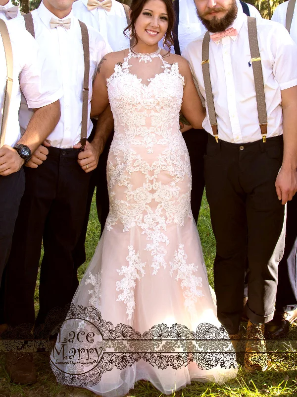 Stock Clearance Blush Wedding Dress with Beaded Flower Applique