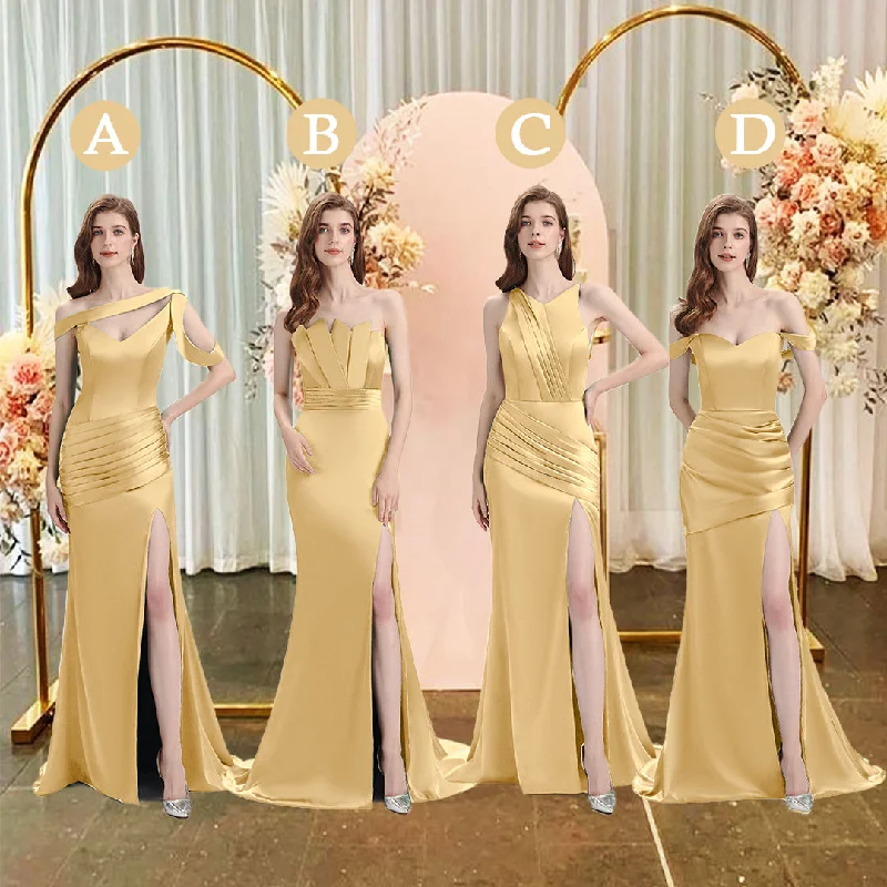 Deal Mania Sexy Side Slit Mismatched Soft Satin Mermaid Long Gold Bridesmaid Dresses