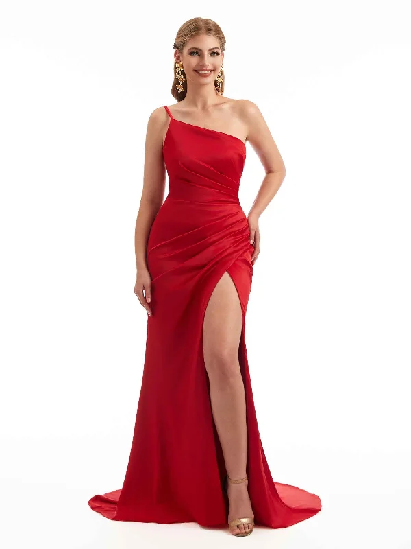 Unbeatable Prices One Shoulder Mermaid Silky Satin Sexy Side Split Long Bridesmaid Dresses For Wedding Unbeatable Prices One Shoulder Mermaid Silky Satin Sexy Side Split Long Bridesmaid Dresses For Wedding