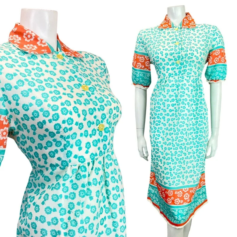 Price Meltdown VINTAGE 60s 70s BLUE ORANGE WHITE FLORAL DAISY PUFF SLEEVE MOD DRESS 14 16 Price Meltdown VINTAGE 60s 70s BLUE ORANGE WHITE FLORAL DAISY PUFF SLEEVE MOD DRESS 14 16