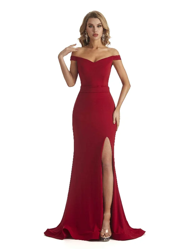 Super Deal Elegant Off the Shoulder Mermaid Side Slit Stretchy Jersey Long Unique Bridesmaid Dresses Super Deal Elegant Off the Shoulder Mermaid Side Slit Stretchy Jersey Long Unique Bridesmaid Dresses