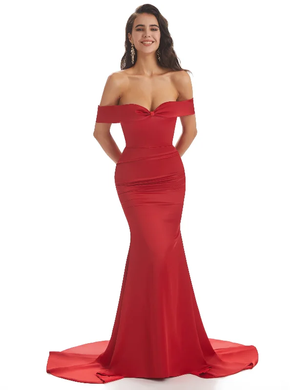 Great Deals Modern Soft Satin Off The Shoulder Floor Length Long Mermaid Bridesmaid Dresses Online