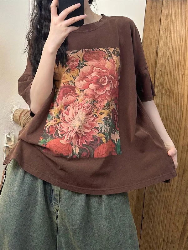 Special Offer Women Summer Casual Flower Spliced Cotton Shirt AA1010