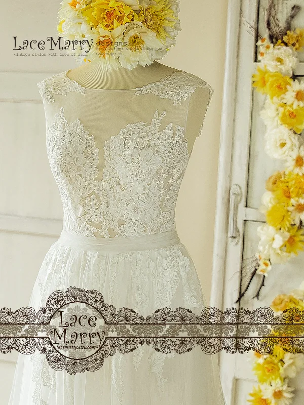 Online Only Trendy Lace Wedding Dress in Bohemian Style from Soft Tulle