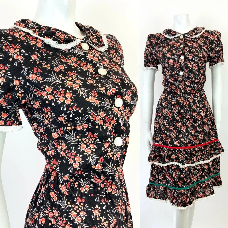 Price Drop Alert VINTAGE 60s 70s BLACK WHITE RED PEACH FLORAL DITSY PRAIRIE BOHO DRESS 8 10