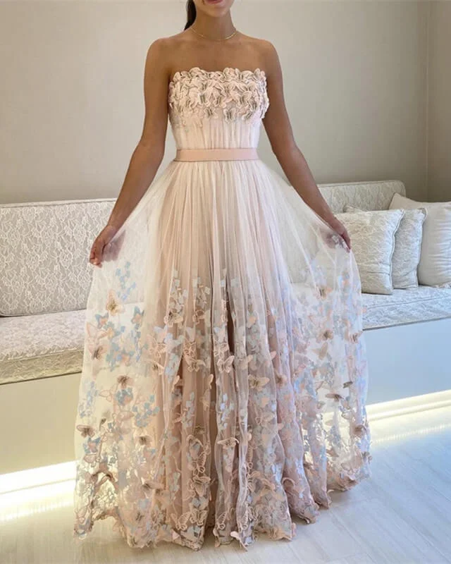 Major Savings Long Pink Tulle Stapless Dresses With Butterfly Lace