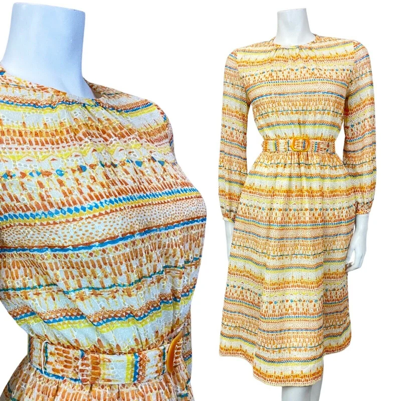 Savings Galore VINTAGE 60s 70s YELLOW BLUE ORANGE ANGLAISE EMBROIDERED STRIPED SHEER DRESS 4 Savings Galore VINTAGE 60s 70s YELLOW BLUE ORANGE ANGLAISE EMBROIDERED STRIPED SHEER DRESS 4