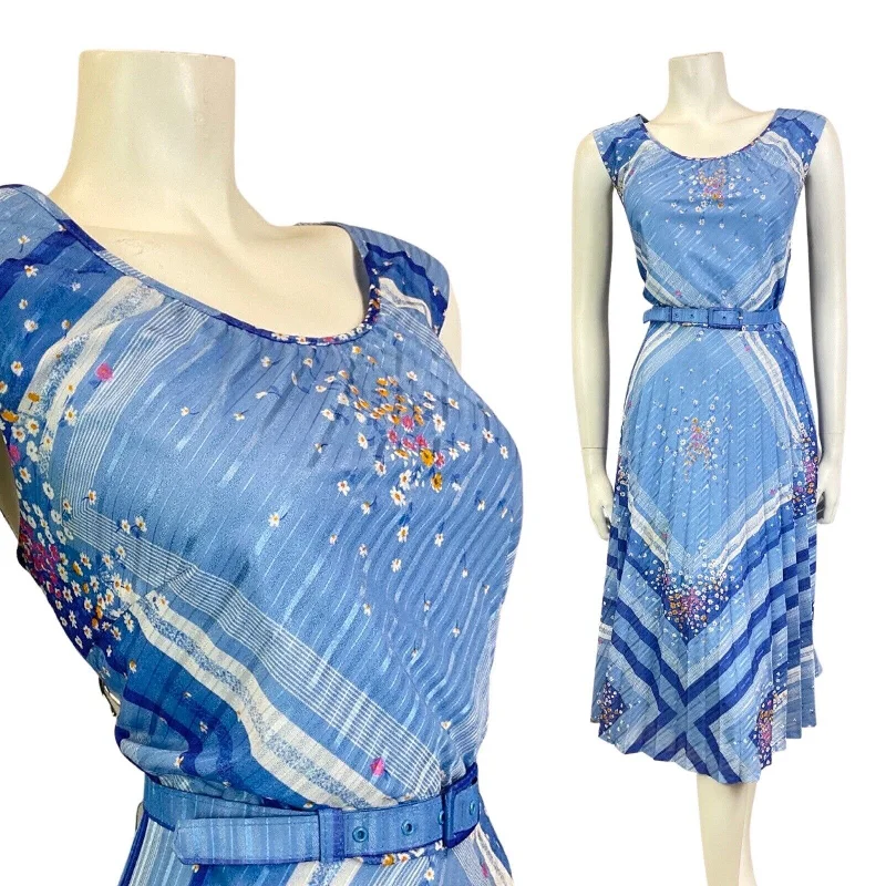 Lowest Price VINTAGE 60s 70s BLUE PINK WHITE STRIPED DITSY FLOWER PLEATED SWING DRESS 14 16 Lowest Price VINTAGE 60s 70s BLUE PINK WHITE STRIPED DITSY FLOWER PLEATED SWING DRESS 14 16