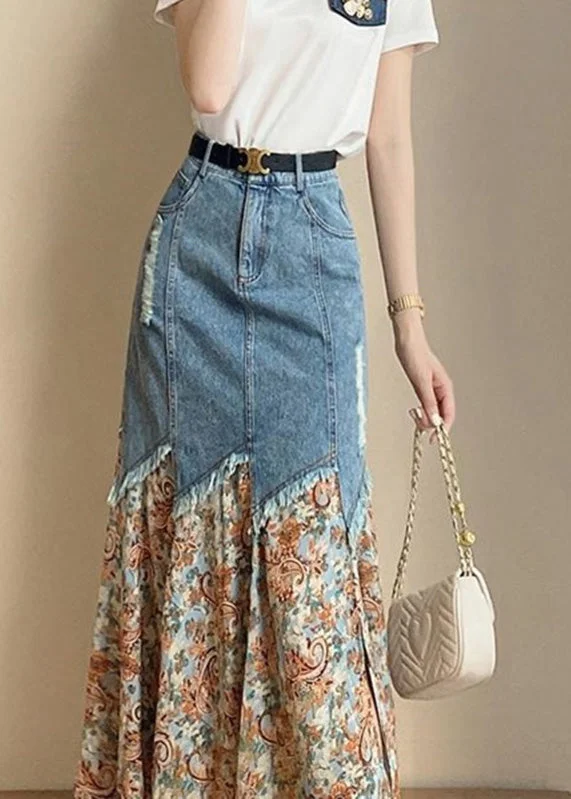 Today's Special French Print Patchwork Button Denim Maxi Skirts Summer TY1084