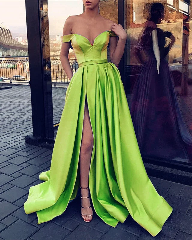 Loyalty Reward Formal Satin Long Split Dresses Off Shoulder