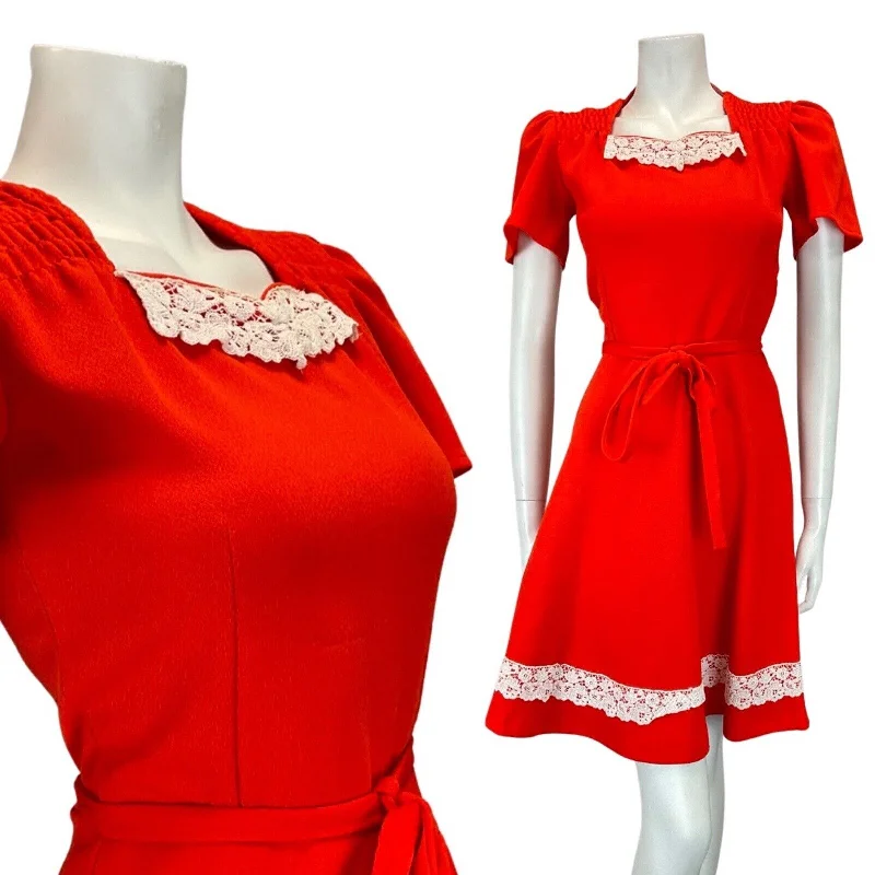 Super Sale VINTAGE 60s 70s PILLARBOX RED WHITE LACE BELTED MOD FIT AND FLARE DRESS 8 Super Sale VINTAGE 60s 70s PILLARBOX RED WHITE LACE BELTED MOD FIT AND FLARE DRESS 8