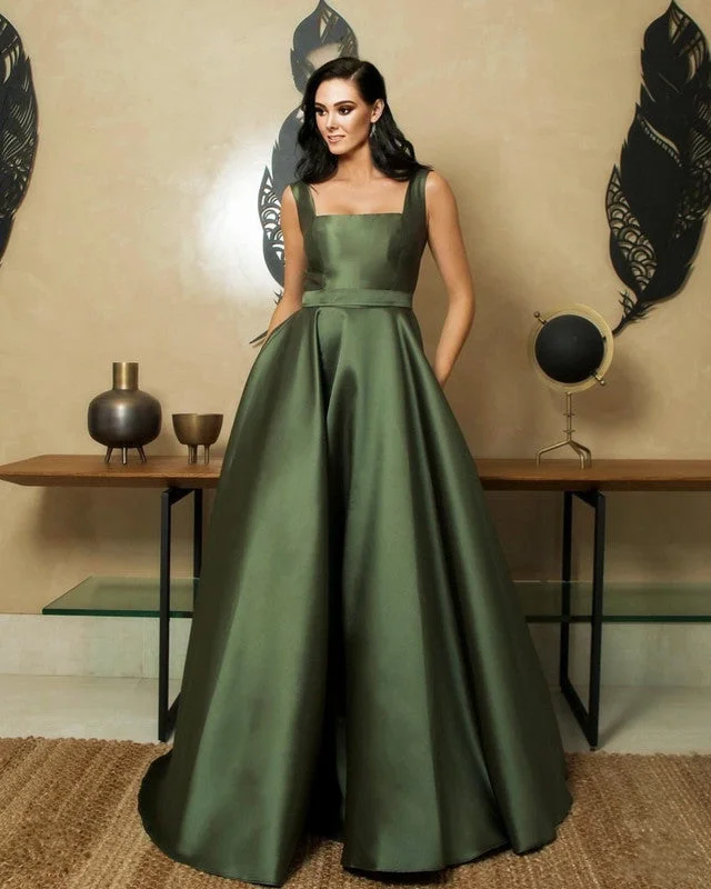 Fantastic Deals Olive Green Satin Floor Length Dress With Pockets