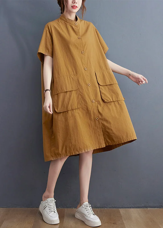 Exclusive Online Offer Women Yellow Stand Collar Patchwork Button Cotton Long Shirts Dress Short Sleeve AC2085 Exclusive Online Offer Women Yellow Stand Collar Patchwork Button Cotton Long Shirts Dress Short Sleeve AC2085