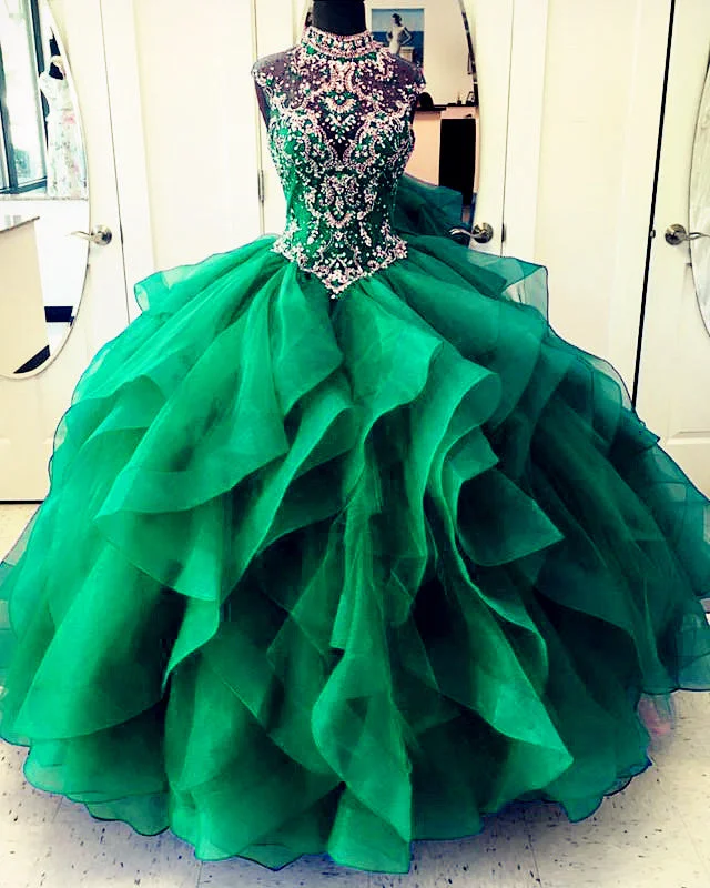 Early Access High Neck Quinceanera Dresses Organza Ruffles Crystal Beaded