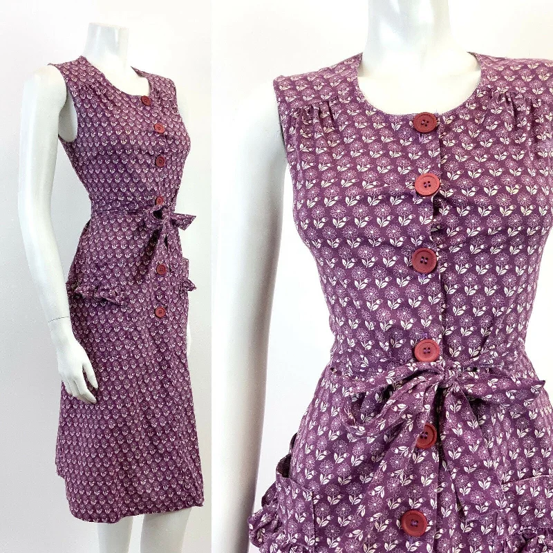Best Bargains VINTAGE 60s 70s PLUM PURPLE WHITE FLORAL BOHO PRAIRIE SLEEVELESS DRESS 8 10