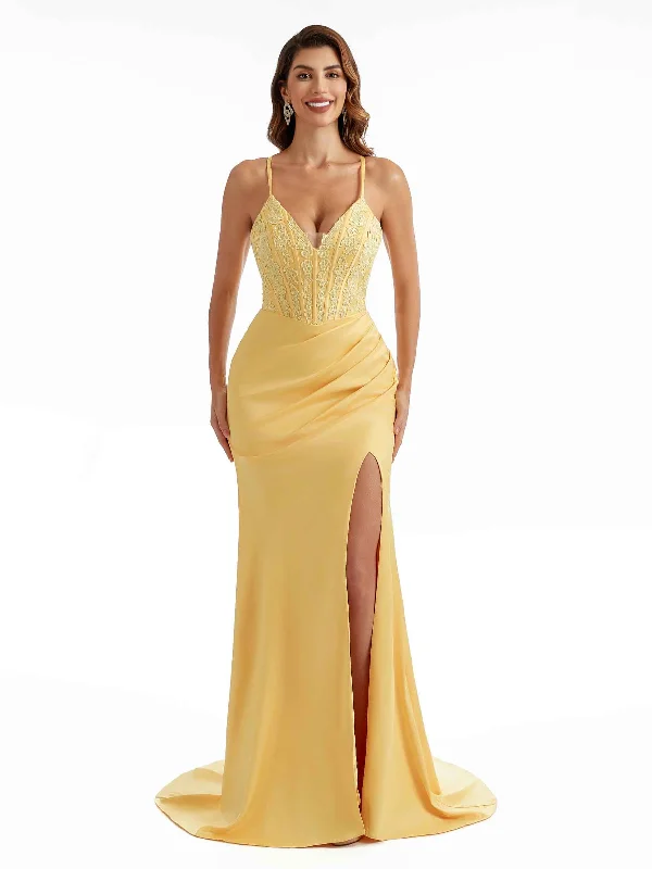 Savings Galore Sexy Side Split Stretchy Satin Lace Top Trendy Maxi Mermaid Bridesmaid Dresses Online