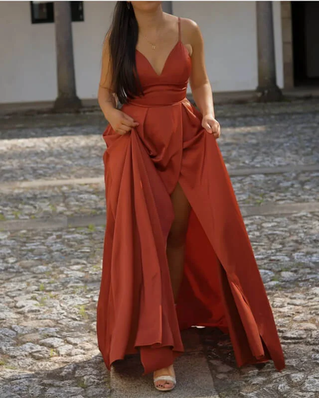Extra Discounts Long Burnt Orange Satin V Neck Slit Dress