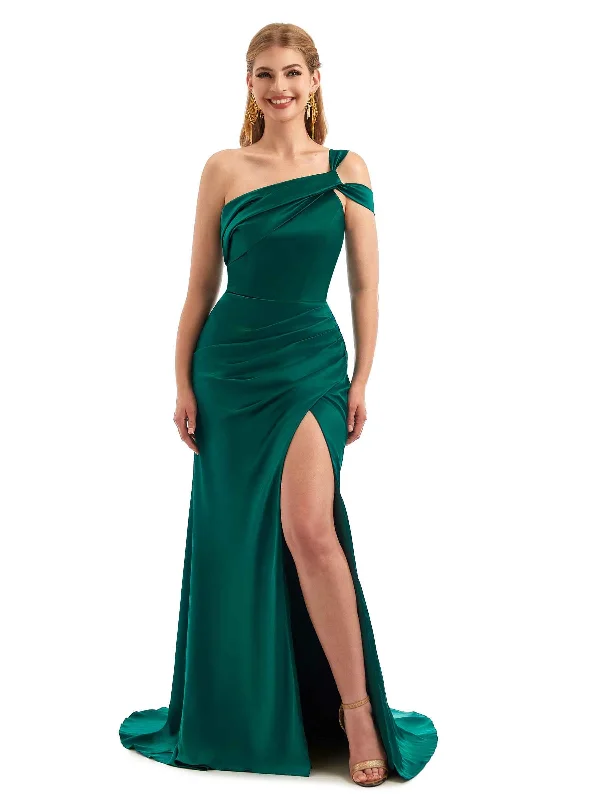 Super Sale Sexy Side Slit One Shoulder Mermaid Stretch Satin Unique Long Bridesmaid Dress For Wedding Super Sale Sexy Side Slit One Shoulder Mermaid Stretch Satin Unique Long Bridesmaid Dress For Wedding