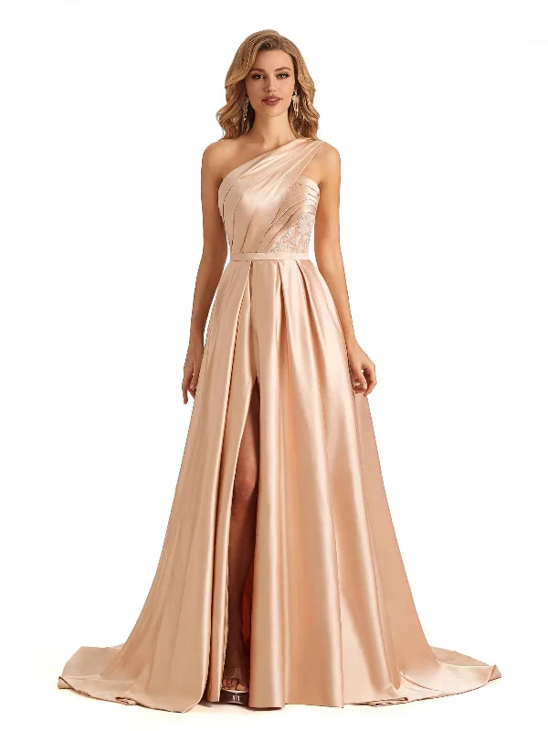 Stock Clearance Sexy Side Slit One Shoulder A-line Soft Satin Long Bridesmaid Dresses Online Stock Clearance Sexy Side Slit One Shoulder A-line Soft Satin Long Bridesmaid Dresses Online