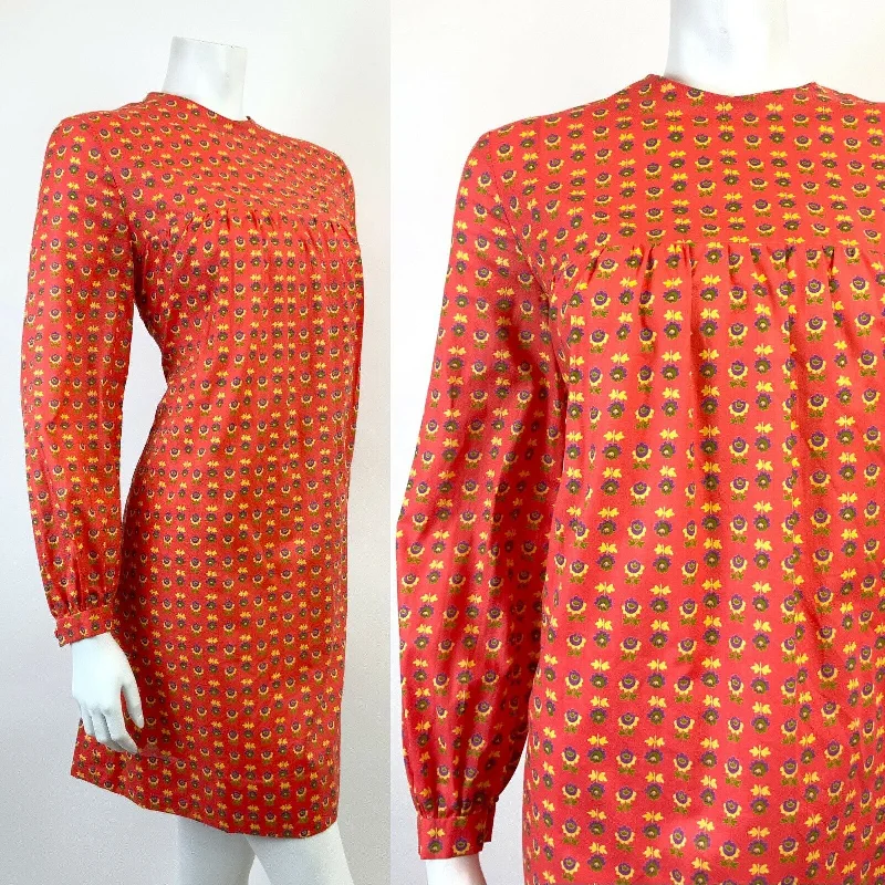 Friends and Family Sale VINTAGE 60s 70s CORAL RED PURPLE YELLOW GREEN FLORAL MOD SHIFT YOKE DRESS 10 12