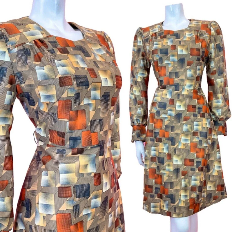 Online Only VINTAGE 60s 70s YELLOW BLACK ORANGE GEOMETRIC GRID CHECKED DRESS 10 12