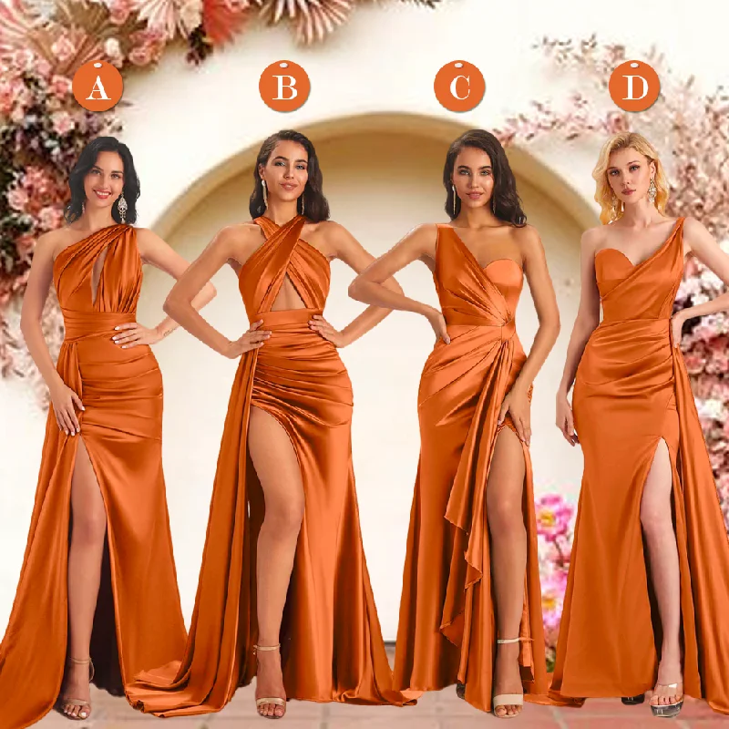 Hurry In Burnt Orange Sexy Side Slit Mismatched Soft Satin Mermaid Long Bridesmaid Dresses Online Hurry In Burnt Orange Sexy Side Slit Mismatched Soft Satin Mermaid Long Bridesmaid Dresses Online