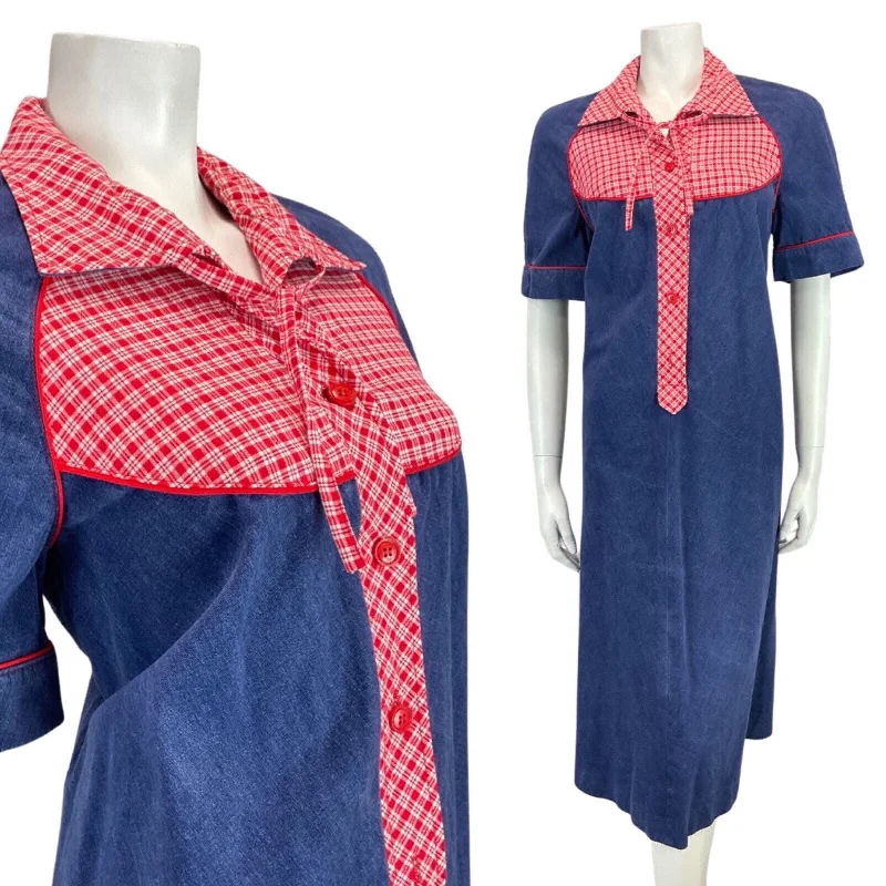 Savings Alert VINTAGE 60s 70s DENIM BLUE RED GINGHAM CHECKED BOHO MOD SHIFT MIDI DRESS 14