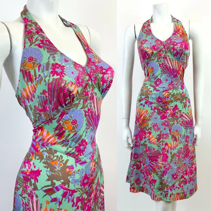 Crazy Deals VINTAGE 60s 70s GREEN PINK ORANGE FLORAL HAWAIIAN HALTER MOD SWING DRESS 8 10 Crazy Deals VINTAGE 60s 70s GREEN PINK ORANGE FLORAL HAWAIIAN HALTER MOD SWING DRESS 8 10