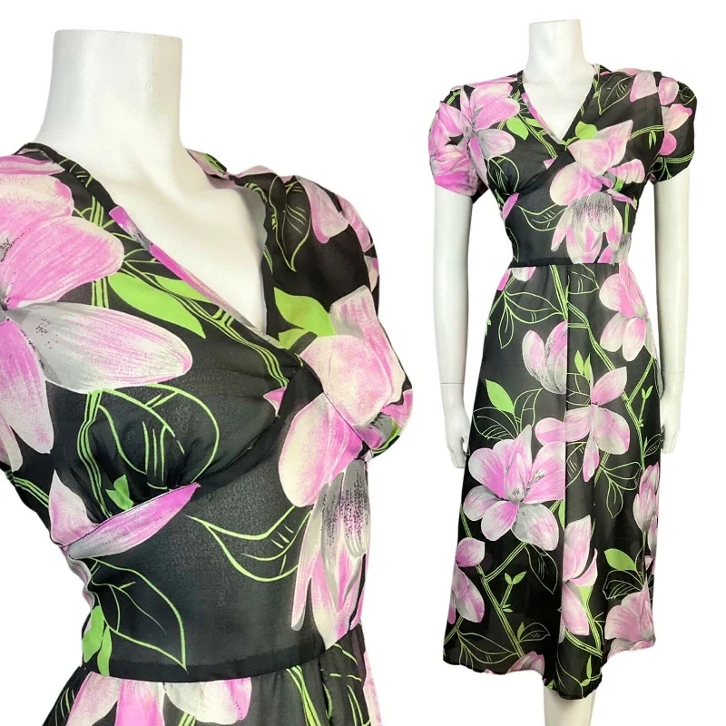 Savings Galore VINTAGE 60s 70s BLACK GREY PURPLE FLORAL SHEER SWING DRESS 12