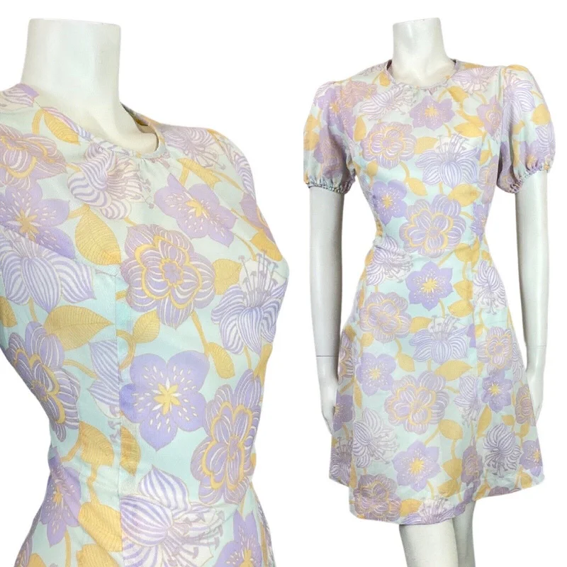 Overstock VINTAGE 60s 70s PURPLE BLUE YELLOW FLORAL MOD PUFF SLEEVE SWING DRESS 10 12 Overstock VINTAGE 60s 70s PURPLE BLUE YELLOW FLORAL MOD PUFF SLEEVE SWING DRESS 10 12