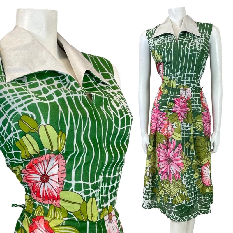 Crazy Savings VINTAGE 70s GREEN PINK WHITE STRIPED FLORAL DAISY WING COLLAR DRESS 12 Crazy Savings VINTAGE 70s GREEN PINK WHITE STRIPED FLORAL DAISY WING COLLAR DRESS 12