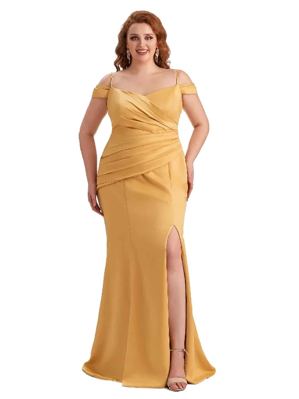 Mega Sale Plus Size Elegant Cold Shoulder Side Slit Mermaid Soft Satin Long Bridesmaid Gowns Mega Sale Plus Size Elegant Cold Shoulder Side Slit Mermaid Soft Satin Long Bridesmaid Gowns
