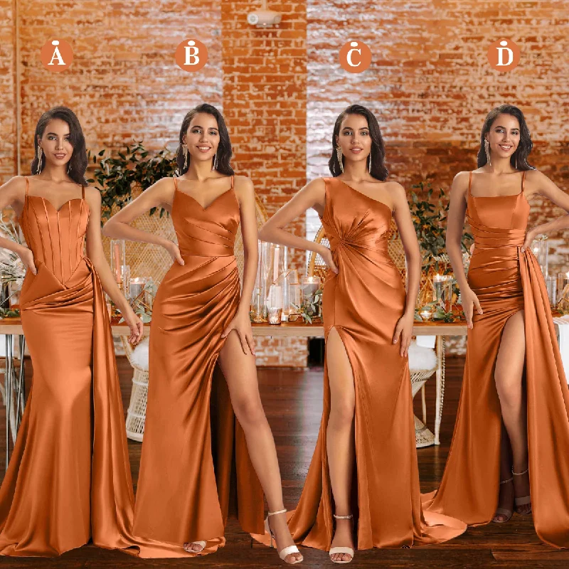 YEAR-End Sale Mismatched Burnt-Orange Sexy Side Slit Mermaid Satin Long Bridesmaid Dresses Online YEAR-End Sale Mismatched Burnt-Orange Sexy Side Slit Mermaid Satin Long Bridesmaid Dresses Online