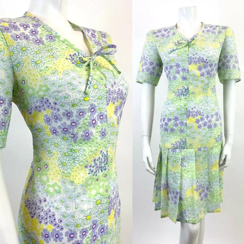 Overstock VTG 60s 70s GREEN PURPLE WHITE YELLOW FLORAL PSYCHEDELIC DROP WAIST DRESS 12 14
