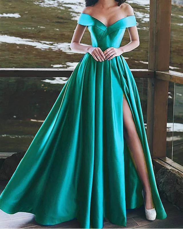 Deal Mania Satin Bridesmaid Dresses Leg Split Off Shoulder