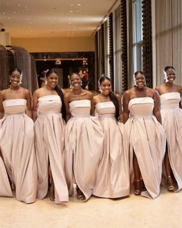 Take Advantage Long Satin Strapless Split Dresses