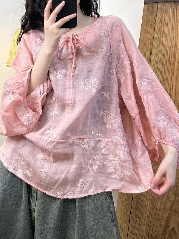 Limited Edition Women Summer Artsy Embroidery Solid Strap Ramie Shirt TY1023