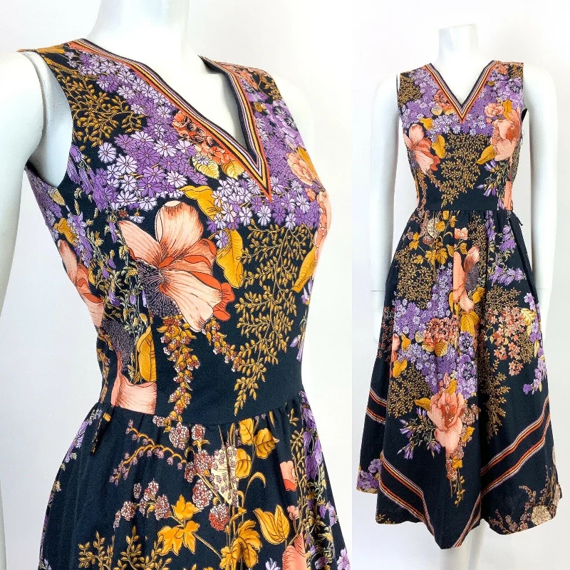Mega Deal VINTAGE 60s 70s BLACK GOLD PURPLE RED FLORAL LEAFY BOHO FOLK SLEEVELESS DRESS 8